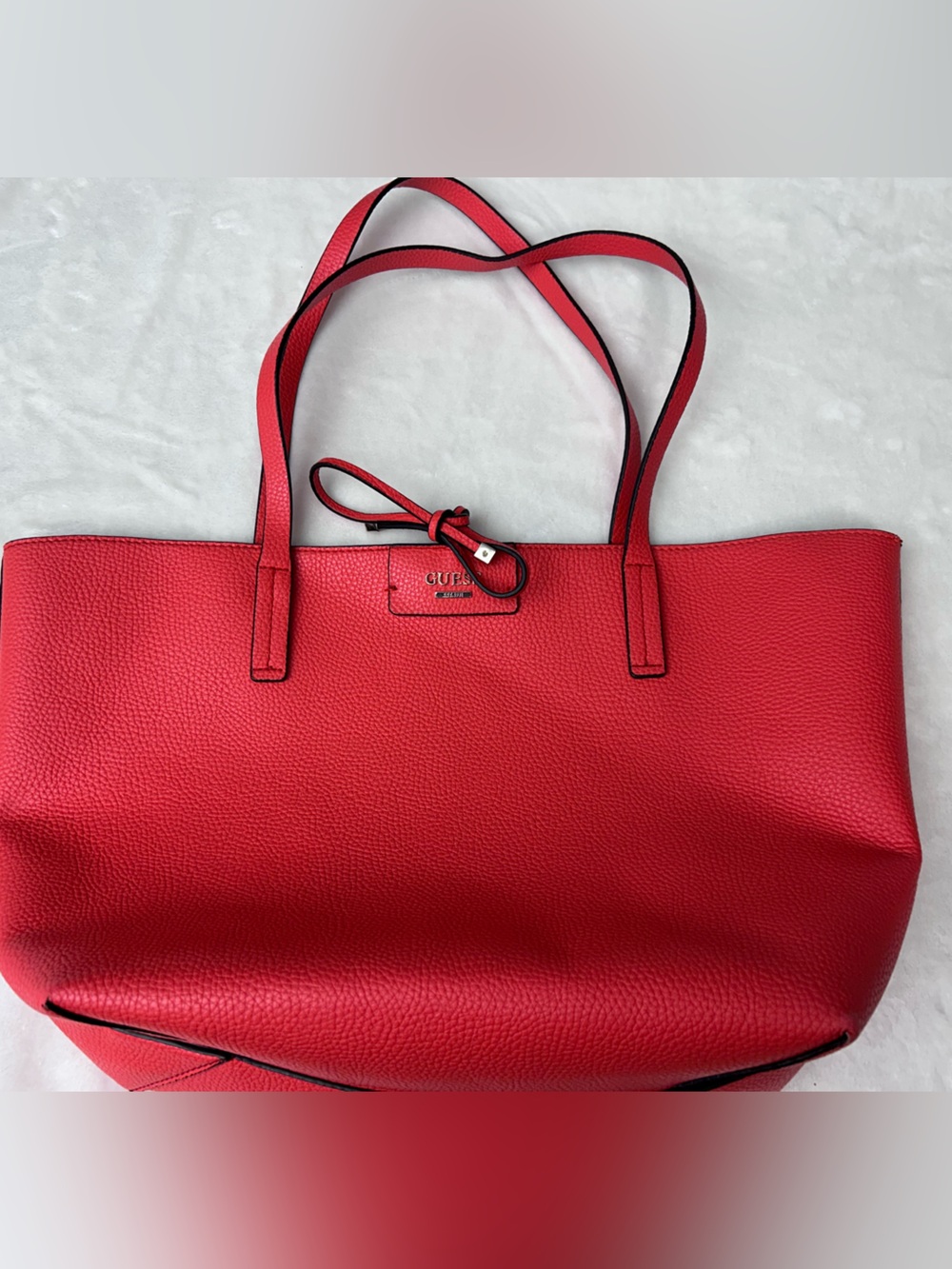 Guess Red Faux Leather Pebble-Grain Shoulder Tote Tie Closure